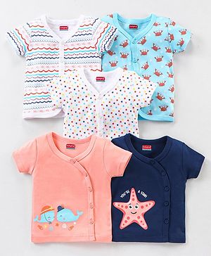 Babyhug 100% Cotton Knit Half Sleeves Star & Fish Printed Vests Pack of 5 - Navy Blue Peach & White