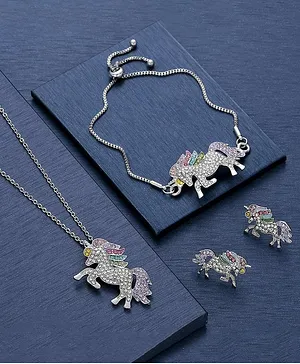Melbees by Yellow Chimes Unicorn  Rainbow Crystal Pendant Bracelet Earrings Ring Set Kids Jewellery Set - Silver
