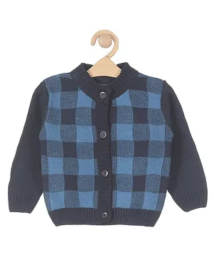 Lil Lollipop Full Sleeves Bold Check Front Open Sweater - Navy Blue