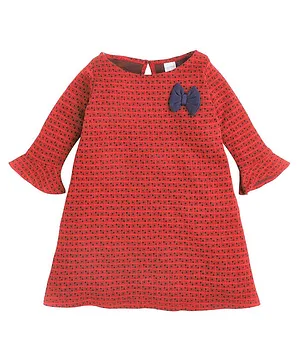 Funshine Full Sleeves A Line Tiny Squares Printed Bow Applique Dress - Red