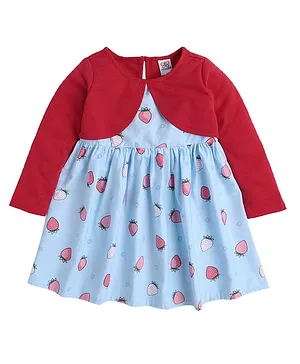 Mama & Bebe Full Sleeves Seamless Strawberries Printed Fit & Flare Dress - Pink & Blue