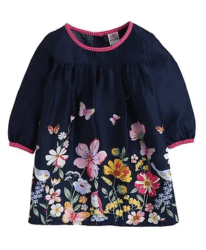Mama & Bebe Full Sleeves Flower & Butterfly Bottom Printed & Frill Detailed A Line Dress - Navy Blue
