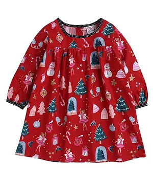 Mama & Bebe Christmas Theme Full Sleeves Seamless Fairy With & Christmas Tree Printed & Frill Detailed A Line Dress - Red