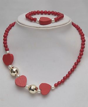 Tiny Closet Heart & Pearl Necklace With Bracelet Set - Red