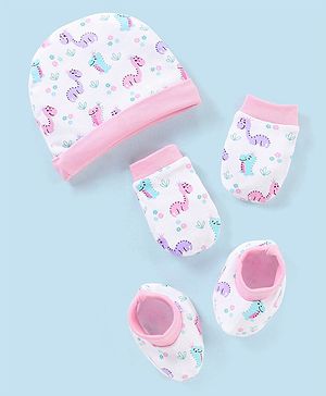 Babyhug 100% Cotton Cap Mittens & Booties Dino Print - Cap Diameter 12 cm