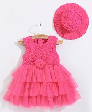 Mark & Mia Sleeveless Frock Style Onesie with Floral Appliques & Hat - Pink
