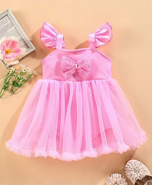 Mark & Mia Cotton Cap Sleeves Frock Style Party Onesie with Bow Applique - Pink