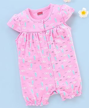 Babyhug 100% Cotton Knit Cap Sleeves Rompers Sea Horse Print - Pink