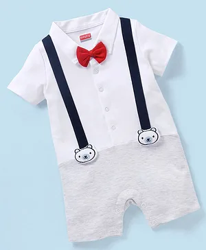 Babyhug Cotton Half Sleeves Romper with Bow - White