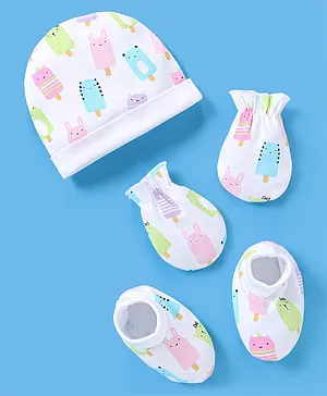 Babyhug 100% Cotton Cap Mittens And Booties Ice Cream Print - White