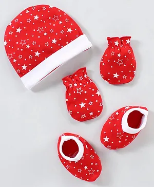 Babyhug 100% Cotton Cap Mitten & Booties Stars Print Red - Diameter 10 cm