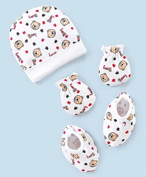 Babyhug 100% Cotton Cap Mittens & Booties Bear Print White- Diameter 10.5 cm