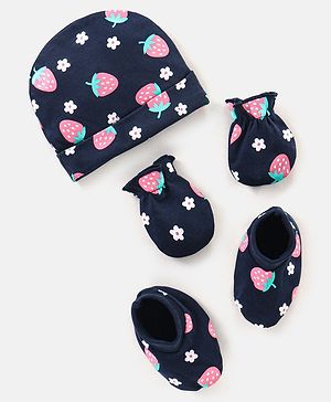 Babyhug 100% Cotton Cap Mittens & Booties Strawberry Print Navy Blue - Diameter 11.5 cm