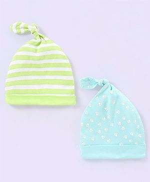 Babyhug 100% Cotton Stripped and Paw Printed Caps Pack of 2 Green and Blue - Diameter 9.5 cm