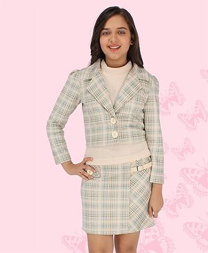 Cutecumber Full Sleeves Checked Coat & Skirt Set With Inner Sweater - Cream