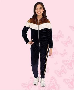 Cutecumber Full Sleeves Colour Blocked Hooded Track Suit - Navy Blue