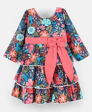 Rassha Bow Embellished Full Sleeves Floral Print Tiered Dress - Navy Blue