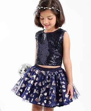 Babyhug Sleeveless Sequin Top and Heart Foil Printed Skirt - Navy Blue