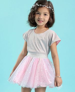 Babyhug Woven Half Sleeves Shimmer Top & Foil Printed Skirt - Pink