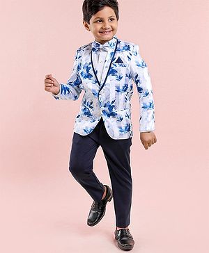 Babyhug Full Sleeves 3 Piece Floral Party Suit - Blue