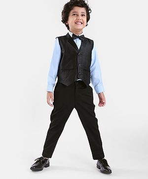 Babyhug Full Sleeves Solid Colour Party Shirt with Waistcoat & Bow - Black & Blue