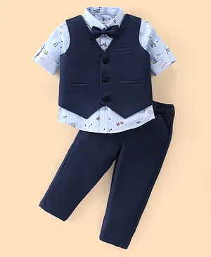Babyoye Cotton Textured Full Sleeves Striped Party Suit With Waistcoat & Bow- Blue