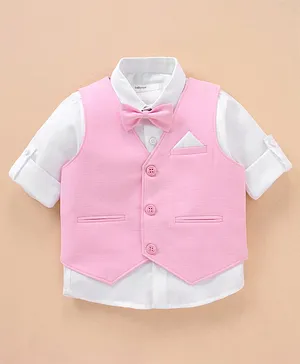 Babyoye Cotton Solid Full Sleeves Party Shirt With Waistcoat & A Bow- Pink