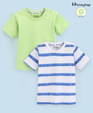 Honeyhap Premium 100% Cotton Half Sleeves Bio Washed T-Shirt Solid & Text Printed - Green White