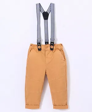 Babyoye Full Length Twill Lycra Solid Pants with Suspenders - Brown