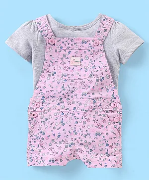 Simply Premium Cotton Knit Half Sleeves Top with Floral Print Dungaree - Pink & Grey