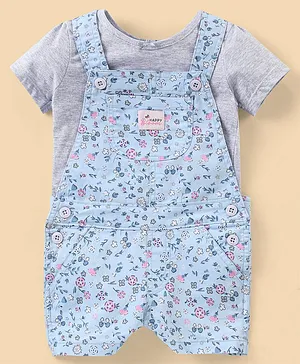 Simply Premium Cotton Knit Half Sleeves Top with Floral Print Dungaree - Blue & Grey
