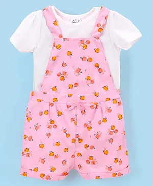 Simply Premium Cotton Knit Half Sleeves Top with Orange Print Dungaree - Pink