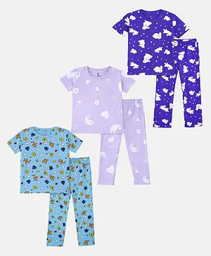 Cuddles for Cubs 100% Super Soft Cotton Pack Of 3 Half Sleeves Hare Hearts And Sun Printed Night Suits - Blue Violet