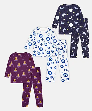 Cuddles for Cubs 100% Super Soft Cotton Pack Of 3 Full Sleeves Teddy Moon And Evil Eyes Printed Night Suits - Navy Blue Purple White