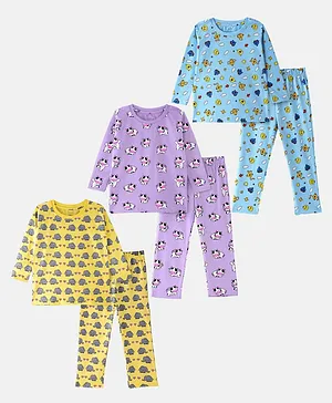Cuddles for Cubs 100% Super Soft Cotton Pack Of 3 Full Sleeves Elephant Cow And Sun Printed Night Suits - Blue Purple Yellow