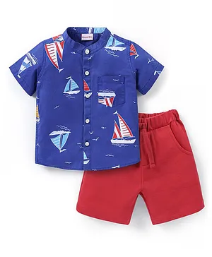 Kookie Kids Half Sleeves Printed Shirt And Cotton Shorts Sets With Boat Print - Blue & Red