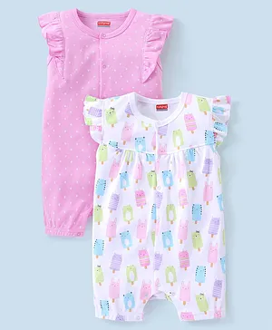 Babyhug 100% Cotton Short Sleeves Romper Dot & Popsicle Print Pack of 2- Pink & White