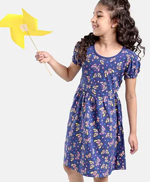 Hola Bonita 100% Cotton Half Sleeves Frock Gathers Butterfly Print with Pocket - Navy Blue
