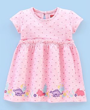 Babyhug 100% Cotton Short Sleeves Frock Dino Embroidery - Pink