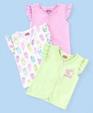 Babyhug 100% Cotton Frill Sleeves Vests Popsicle & Dot Print Pack of 3- Green & Pink