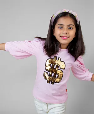 Little Carrot Three Fourth Pleated Sleeves Sequin Dollar Patch Top - Pink