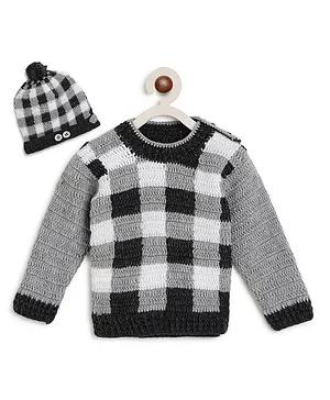 MayRa Knits Full Sleeves  Hand Knitted Sweater With Cap - Grey