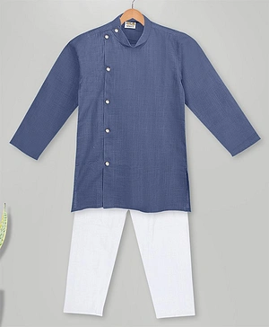 MIMISKU Full Sleeves Solid Single Button Line Kurta With Pyjama - Navy Blue