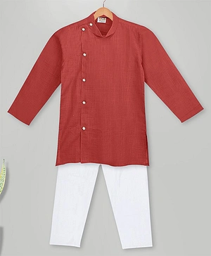MIMISKU Full Sleeves Solid Single Button Line Kurta With Pyjama - Red