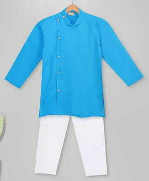 MIMISKU Full Sleeves Solid Single Button Line Kurta With Pyjama - Sky Blue