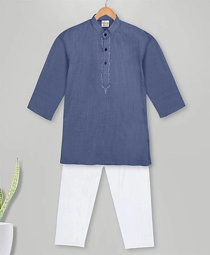 MIMISKU Full Sleeves Placket Embroidered Kurta Pyjama Set - Navy Blue