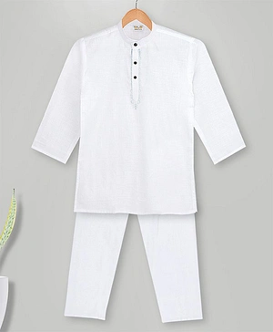 MIMISKU Full Sleeves Placket Embroidered Kurta Pyjama Set - White