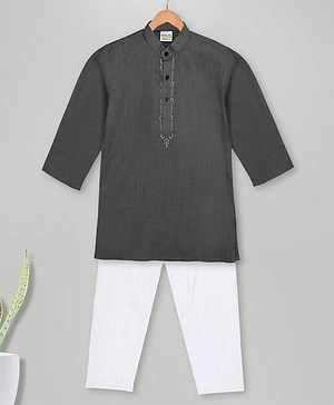MIMISKU Full Sleeves Placket Embroidered Kurta Pyjama Set - Black