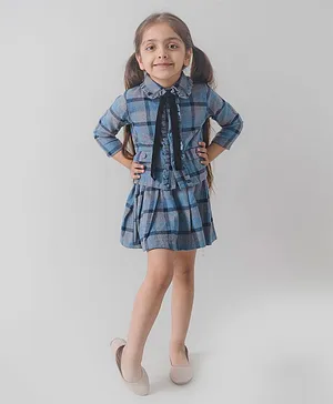Fairies Forever Full Sleeves Checkered Blazer Style Top With Mini Skirt - Blue