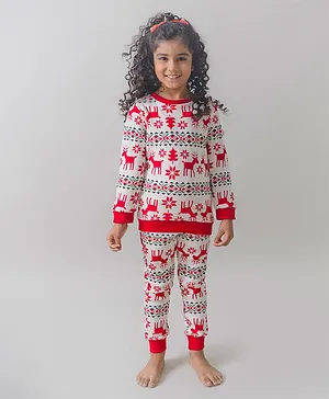 Fairies Forever Christmas Theme Full Sleeves Reindeer Design Printed Tee With Pyjama - White Red
